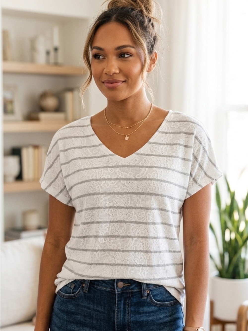 Ruff Hewn | Striped Short Sleeve Top with Floral Design Material | Sz L
